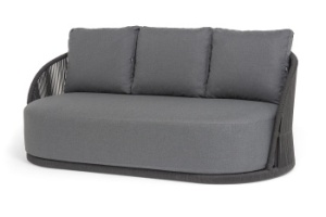 "Монтелла" диван 3-местный плетеный из роупа, каркас алюминий темно-серый (RAL7024) муар, роуп темно-серый круглый, ткань темно-серая 027цвет Темно-серый