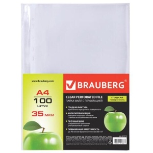Папки-файлы перфорированные, А4, BRAUBERG, комплект 100 шт., гладкие, "Яблоко", 35 мкм, 221710