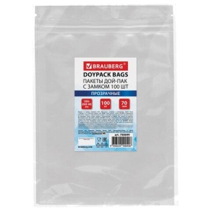 Пакеты дой-пак с замком ZIP LOCK, прозрачные, 180х260 + 40 мм, КОМПЛЕКТ 100 штук, 70 мкм, BRAUBERG, 700699