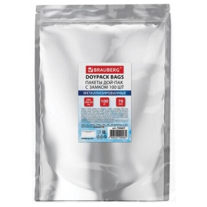 Пакеты дой-пак с замком ZIP LOCK, металлизированная + прозрачная стенка, 200х300 + 50 мм, КОМПЛЕКТ 100 штук, 70 мкм, BRAUBERG, 700687