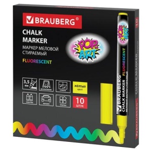 Маркер меловой BRAUBERG "POP-ART", сухостираемый, для гладких поверхностей, 3,5 мм, ЖЕЛТЫЙ, 151520