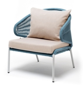 "Милан" кресло плетеное из роупа, каркас алюминий светло-серый (RAL7035) шагрень, роуп бирюзовый круглый, ткань бежевая 035цвет бирюзовый