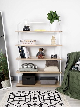 Стеллаж Отрада широкий с 5 полками из ЛДСП, 900х330х1260Н, белый/дуб