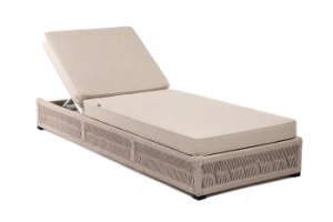 "Ривьера" шезлонг плетеный из роупа, каркас алюминий белый муар, роуп бежевый круглый, ткань бежевая 052цвет Бежевый