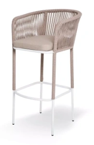 "Марсель" стул барный плетеный из роупа, каркас из стали светло-серый (RAL7035) муар, роуп светло-серый круглый, ткань светло-сераяцвет светло-серый