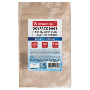 Пакеты дой-пак с замком ZIP LOCK, крафт с окном 50 мм, 120х200 + 40 мм, КОМПЛЕКТ 100 штук, 150 мкм, BRAUBERG, 700689