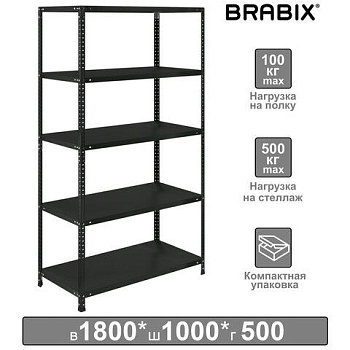 Стеллаж металлический BRABIX "ГРАФИТ MS KD-185/50-5", лофт, 1850х1000х500 мм, 5 полок, 291270, S240BR145593