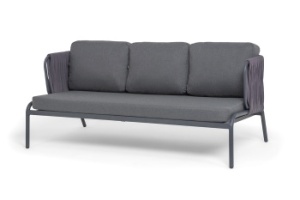"Ронда" диван 3-местный плетеный из роупа, каркас алюминий темно-серый (RAL7024) муар, роуп серый 40 мм tex, ткань темно-серая 027цвет Серый