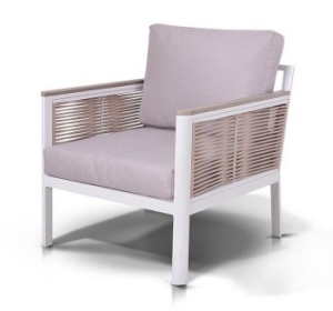 "Сан Ремо" кресло плетеное из роупа садовое, каркас алюминий белый, роуп бежевый, ткань бежеваяцвет серо-коричневый