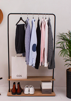 Вешалка напольная Отрада с двумя полками для обуви из ЛДСП, 910х330х1500Н, черная/дуб