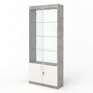 Витрина №300-2 (с дверками, задняя стенка - стекло), Бетон Чикаго светло-серый + Белый
